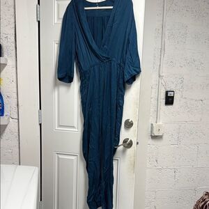 Elegant Teal Pants Romper Silk MEDIUM- Like New Jumpsuit Belted Pockets YFB